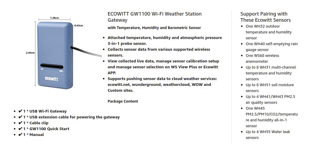 Ecowitt GW1100 Wi-Fi Weather Station Sensor Gateway