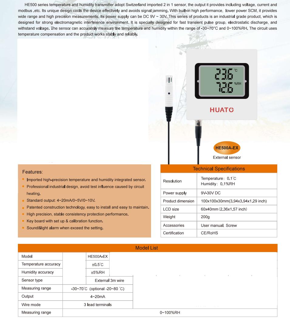 Humidity & Temperature Modbus Transmitter - External Probe (HE500A-EX)