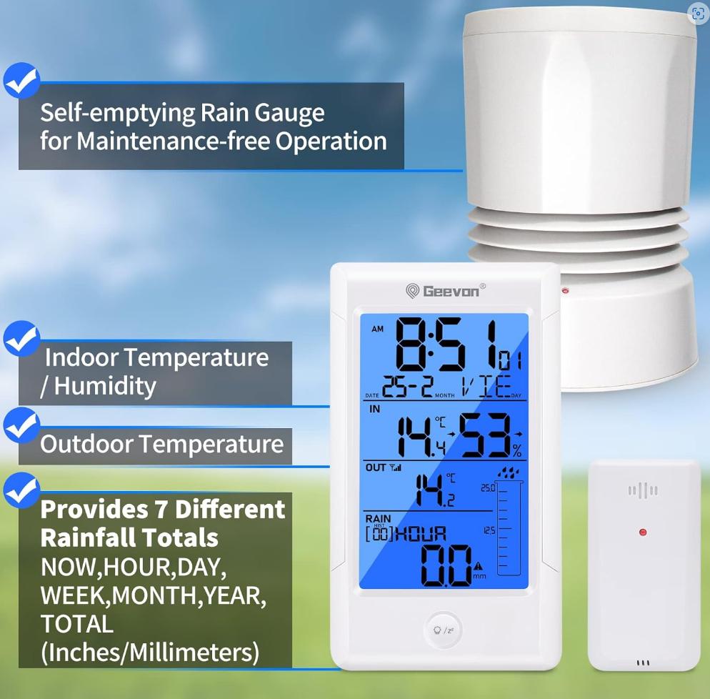 Wireless Digital Rain Gauge with Indoor Outdoor Temperature